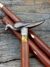 Antique Designer Brass Victorian Peacock Head Handle Wooden Walking Stick Cane