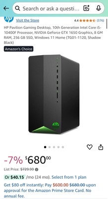 HP Pavilion Gaming Desktop, 10th Generation Intel Core i5-10400F Processor,