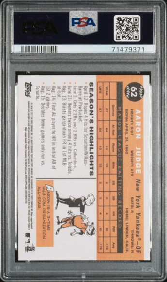 2017 Topps Archives #62 AARON JUDGE PSA 10 GEM MINT view 2