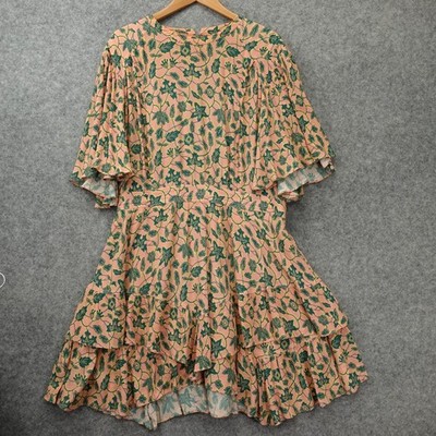 Derek Lam 10 Crosby Dress Women 16 XL Green Pink Leaf Flutter Sleeve Floral $350