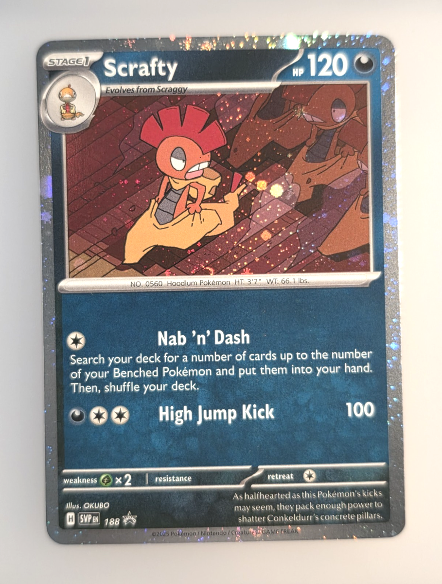 scrafty pokemon card value ME: Ascended Heroes Mega ex #285/217  Ralphie's Funhouse [Colourless][Colourless] Dangerous Head 20+ If your opponents Active Pokemon is a Basic Pokemon Scrafty - 188 (Cosmos Holo)