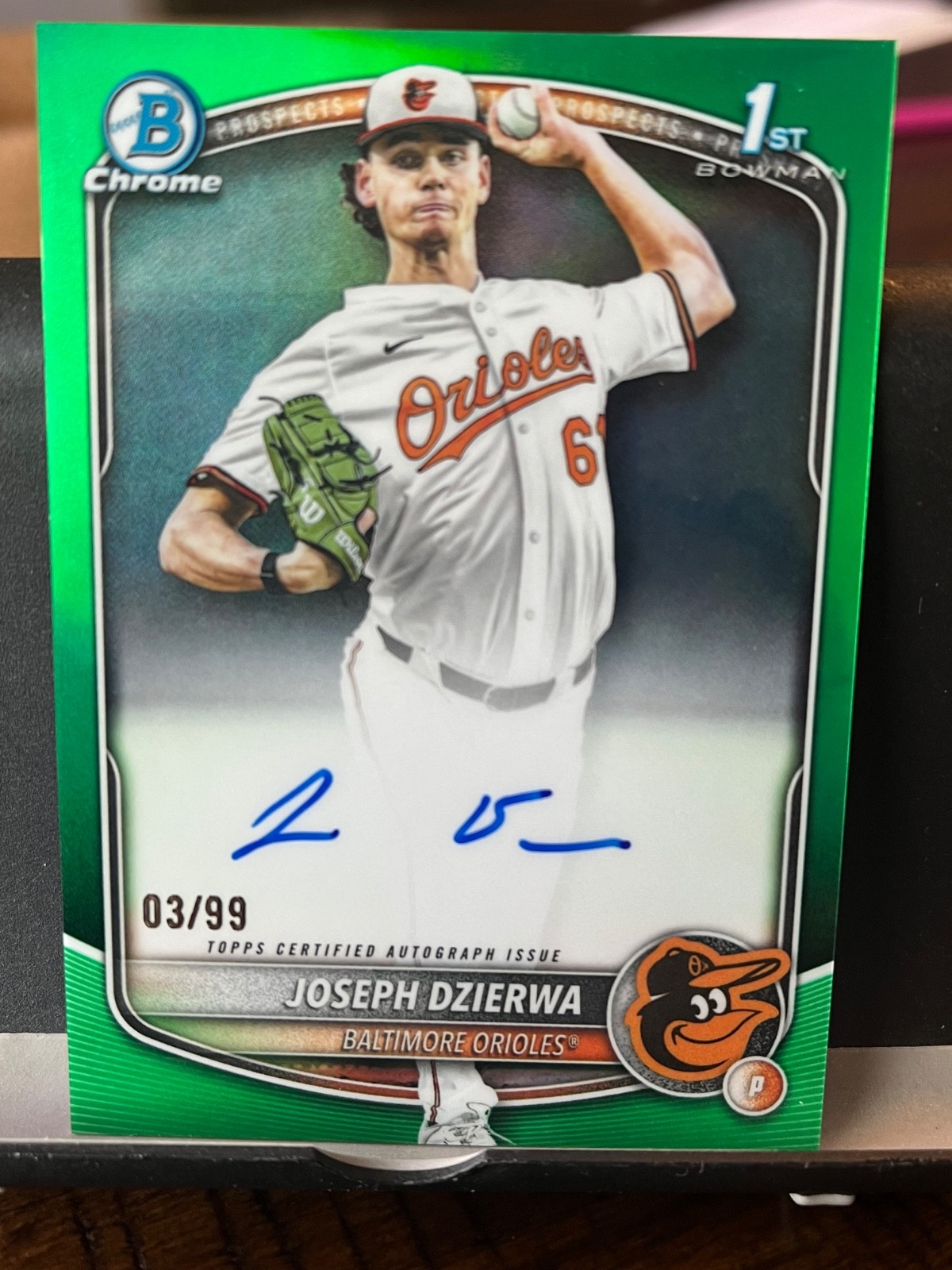 Joseph Dzierwa 2025 Bowman Chrome Draft True Green Auto 03/99 Baltimore Orioles