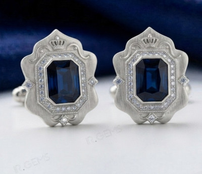 Octagon Natural Blue Sapphire Men's Cufflinks 925 Sterling Silver