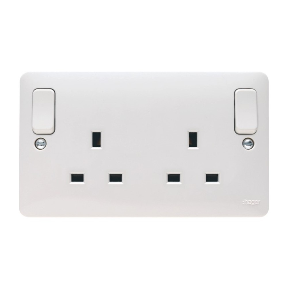 Hager WMSS82O Sollysta 13A DP 2 Gang Switched Socket Outboard Rockers (White)