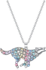 Wolf Necklace for Girls Women Rainbow Colorful CZ Crystal Pendant Jewelry Gifts