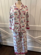 Munki Munki Pink  White Flannel Pajamas - Autos with Trees - Women's Size M