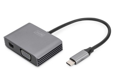 DIGITUS USB-C - Mini DP + VGA Adapter, 20 cm 4K/30Hz, Silver, Aluminium Housing