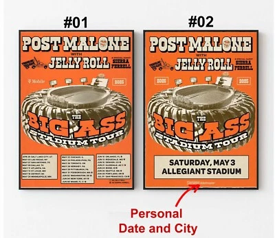 Post Malone The Big Ass Stadium Tour 2025 Poster, Custom Date and City tour