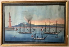 19thC Gouache - Vesuvius Bay Naples Seascape - French Boat Naive Folk Art C1861
