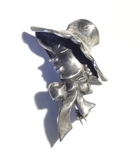 1950s Vintage Signed Lang Figural Sterling Brooch, Lady In Bonnet