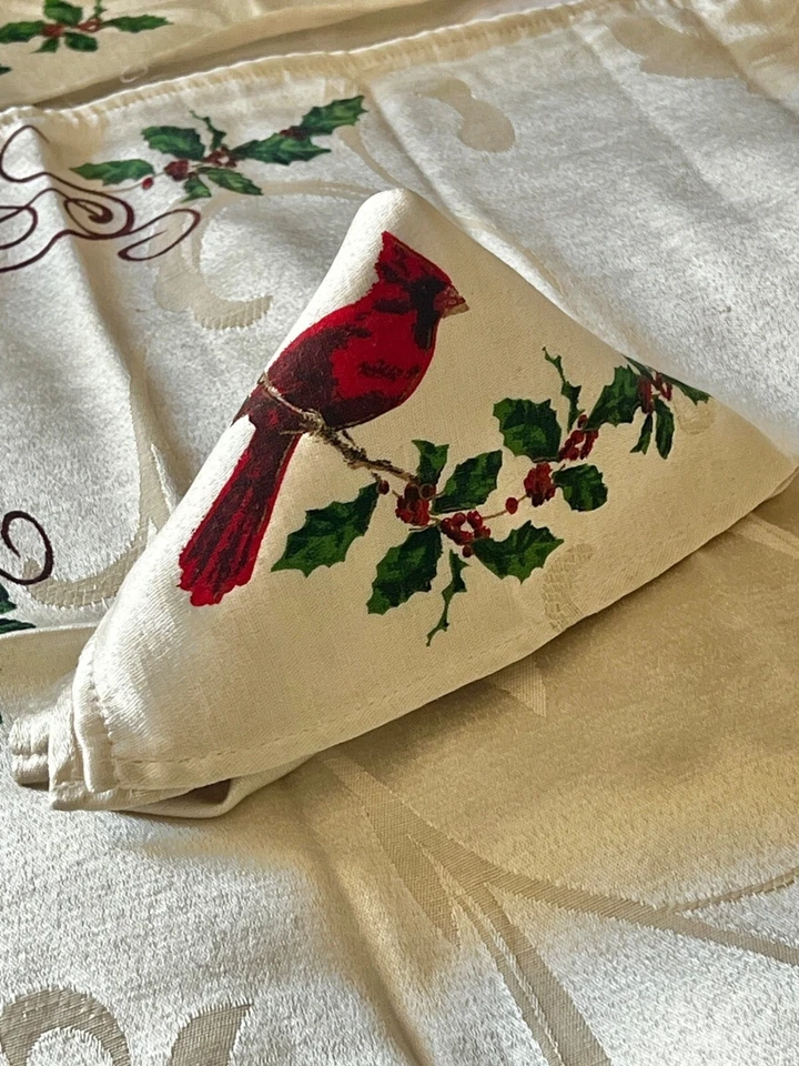 St. Nicholaus Square Christmas Tablecloth & 8 Napkins Set Cardinals Script Cream - Image 4 of 4