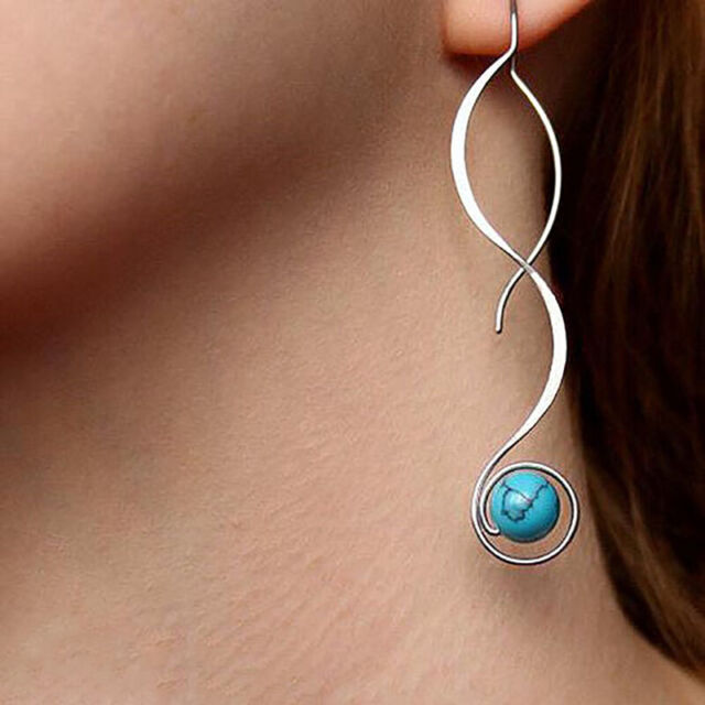 Women Girls 925 Silver Earrings Ear Stud Turquoise Long Drop Dangle Jewelry Gift