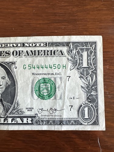 1 $ One Dollar Schein / Schein ausgefallene Seriennummer - G54444450H schöner Look 2013 - Bild 3 von 5