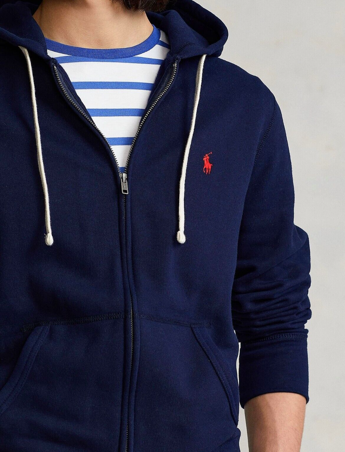 Polo Ralph Lauren nuova con etichette tinta unita blu navy FULL ZIP FLEECE felpa con cappuccio XXL 2XL ROSSO PONY