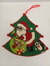 Vintage Needlepoint Christmas Tree Santa Hang Door Wall Completed Pom Pom