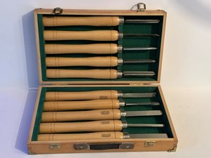 Vintage AMT Chisel set w case wood handles used lathe tool 