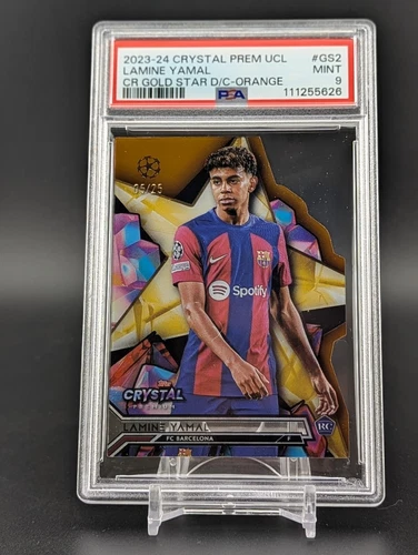 Lamine Yamal 2023-24 Topps Crystal Premium UCL Gold Star Die-Cut Orange /25 PSA9