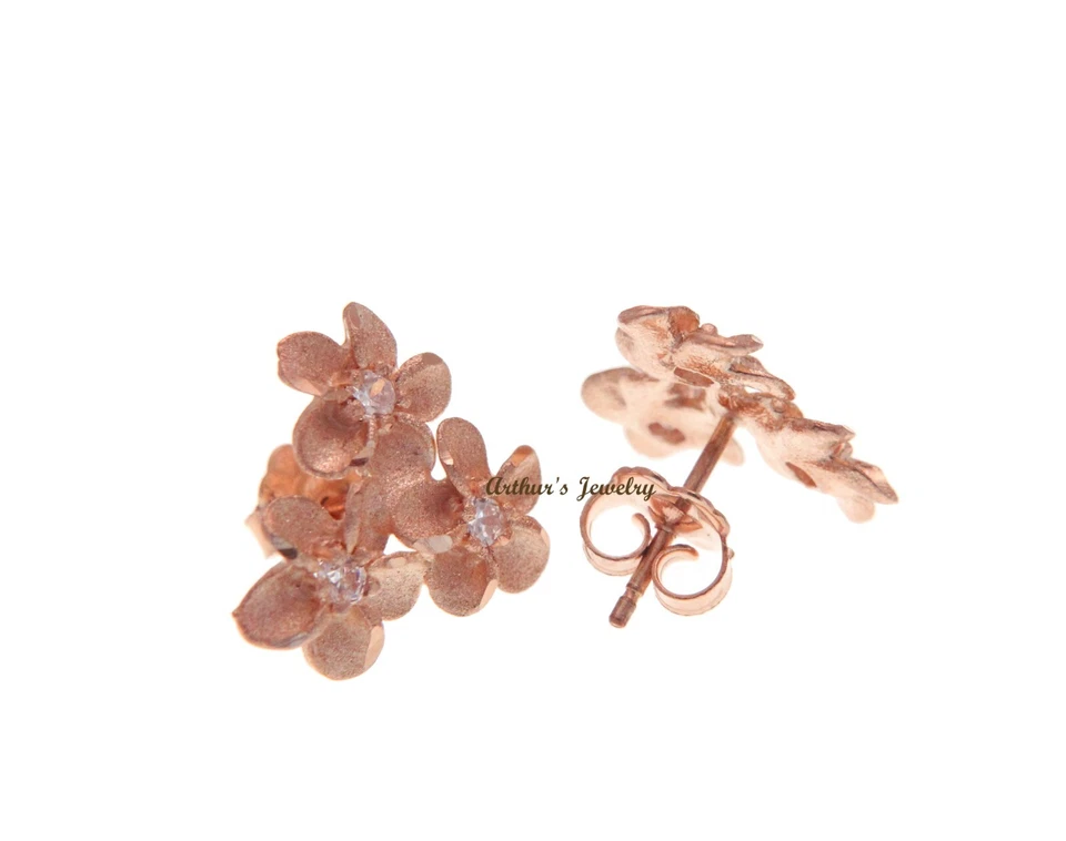 14MM 14K ROSE GOLD HAWAIIAN DIAMOND CUT PLUMERIA FLOWER CZ POST STUD EARRINGS - Image 2 of 2