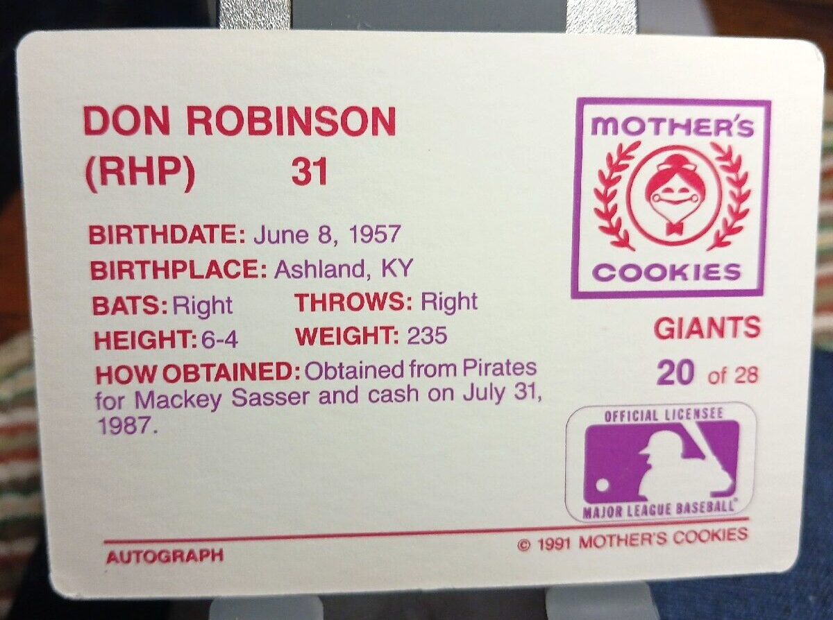 1991 Mother's Cookies Baseball Card of Don Robinson 20 (NM) Free