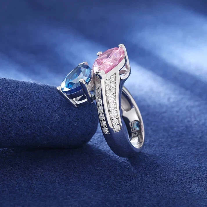 5Ct Pear Simulated Blue & Pink Sapphire/CZ Bypass Women Ring 14k White Gold Over - Image 3 of 4