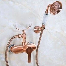 Antique Red Copper Bathroom Faucet Set Handheld Shower Cold Hot Taps Kit 2na351
