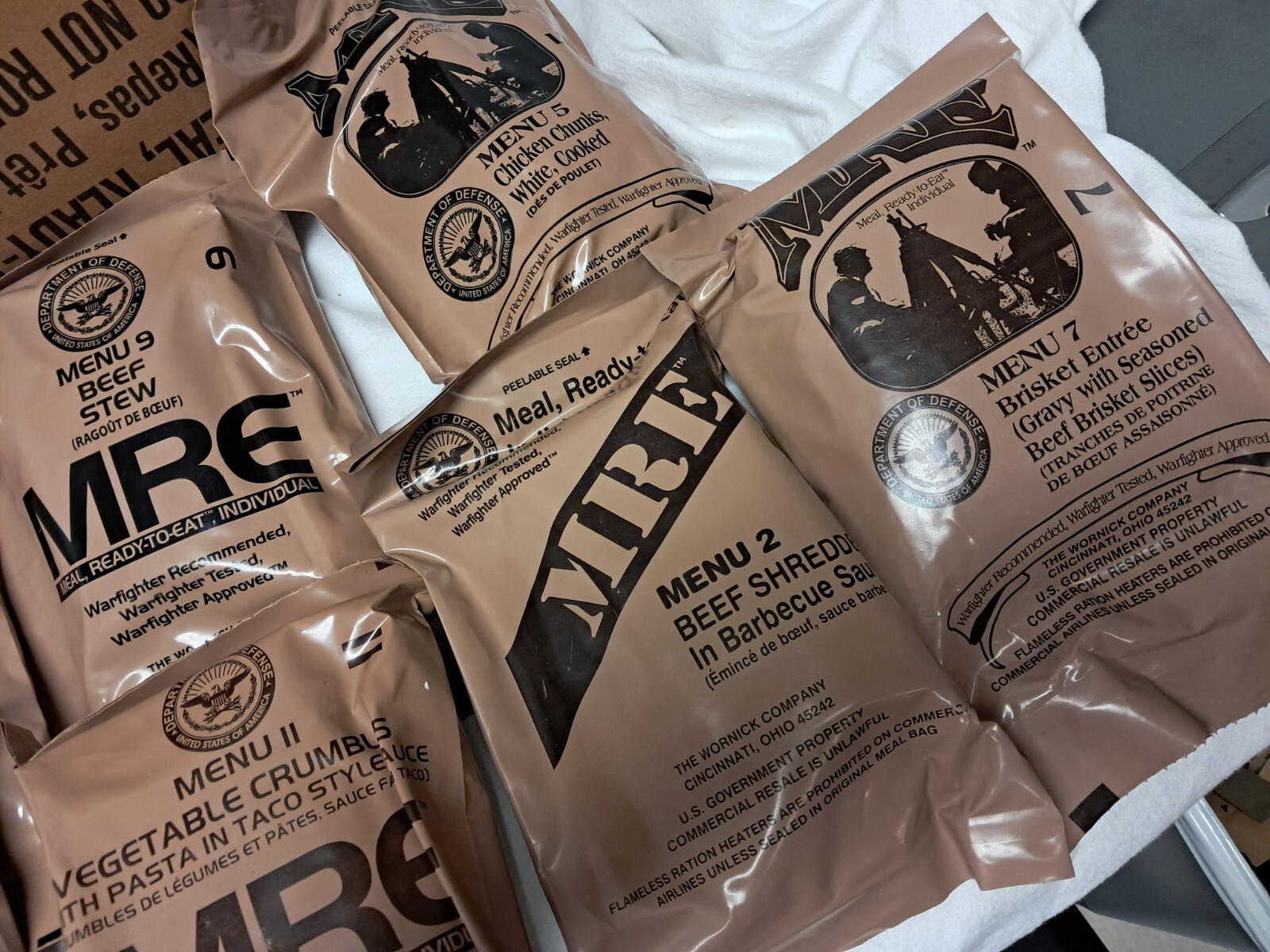 10 MRE Meals The wornick co--Water activated Flameless Ration Heater in each bag