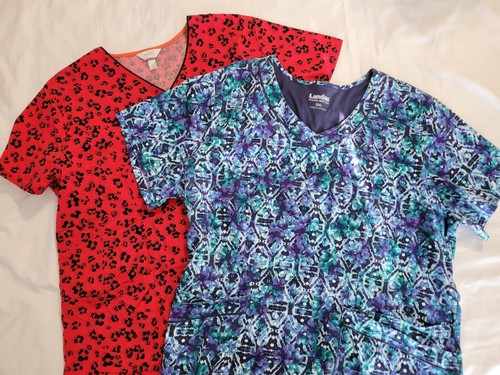 2 Scrub Tops 3XL Landau Blue Floral Code Happy Red Black V Neck