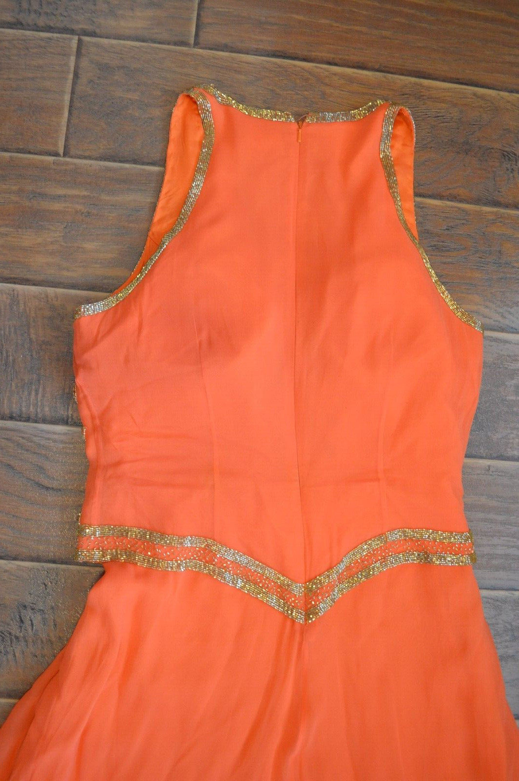 vtg Cassandra Stone II Orange Beaded Dress,Gown,Party,Silk,Gold Beads/Sequins,14