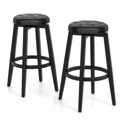 2 Pcs 360° Swivel Upholstered Home Bar Stool Set 29'' Rubberwood Frame & Footrest