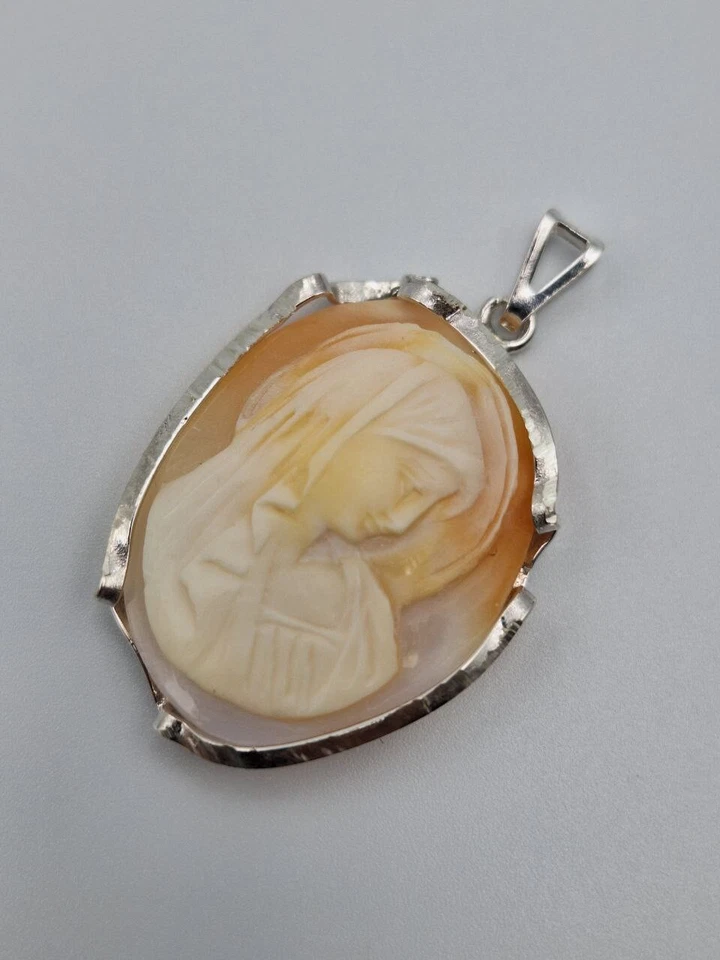 CIONDOLO Con CAMMEO  ARGENTO 925 RODIATO ORO BIANCO 18 KT Cameo CONCHIGLIA  - Immagine 2 di 4