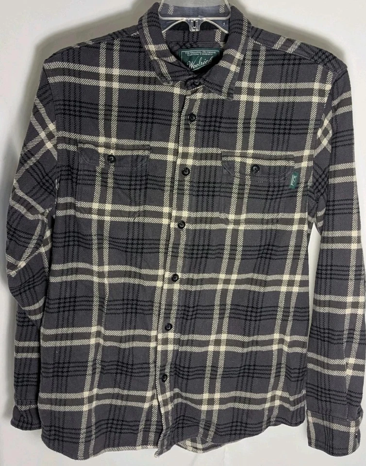 Woolrich Men's Thick Gray Plaid Flannel Shirt, Pockets, 100% Cotton Men's L - Image 2 of 4