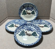 Folkcraft By Tienshan Stoneware Cabin In The Snow Salad Desse Plate Set Of 4,EXC