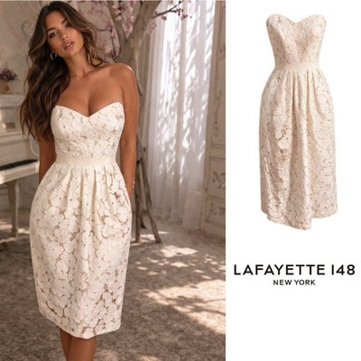 NEW Lafayette 148 New York Cream Strapless Lace Midi Dress Sz 6