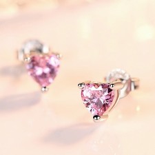 925 Sterling Silver Pink White Purple Red Heart Zircon Stud Earrings For Women