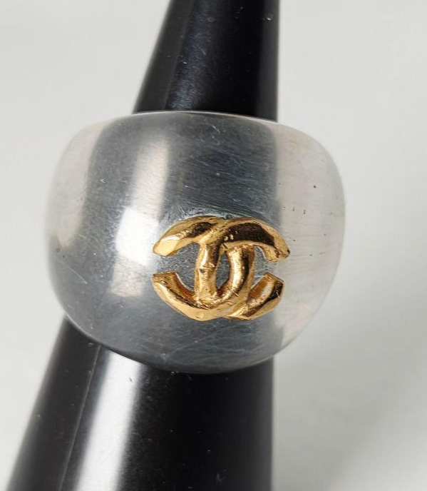Chanel Plastic Ring Coco Mark Transparent Gold CC Logo JP12-13 US6