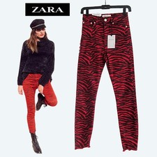 ZARA NEW Y2K Red Black Zebra Print High Rise Cropped Skinny Jeans 2 NWT