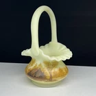 Fenton Hand Painted Ruffled Basket Satin Yellow Custard Log Cabin Signed Uranium
