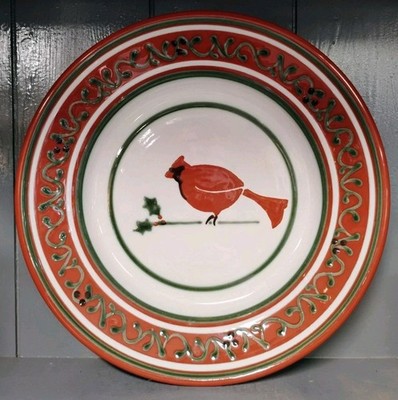 H & E Pugh Pottery Plate Christmas Cardinal Decorated Slip Redware New Salem NC