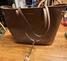 Michael Kors Brown Tote Shoulder Bag Gold Hardware Logo Charm Women