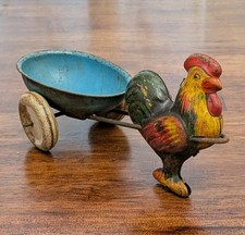 VTG 1930s Wyandotte Tin Litho Rooster Pulling Blue Egg Cart Easter Tun Toy
