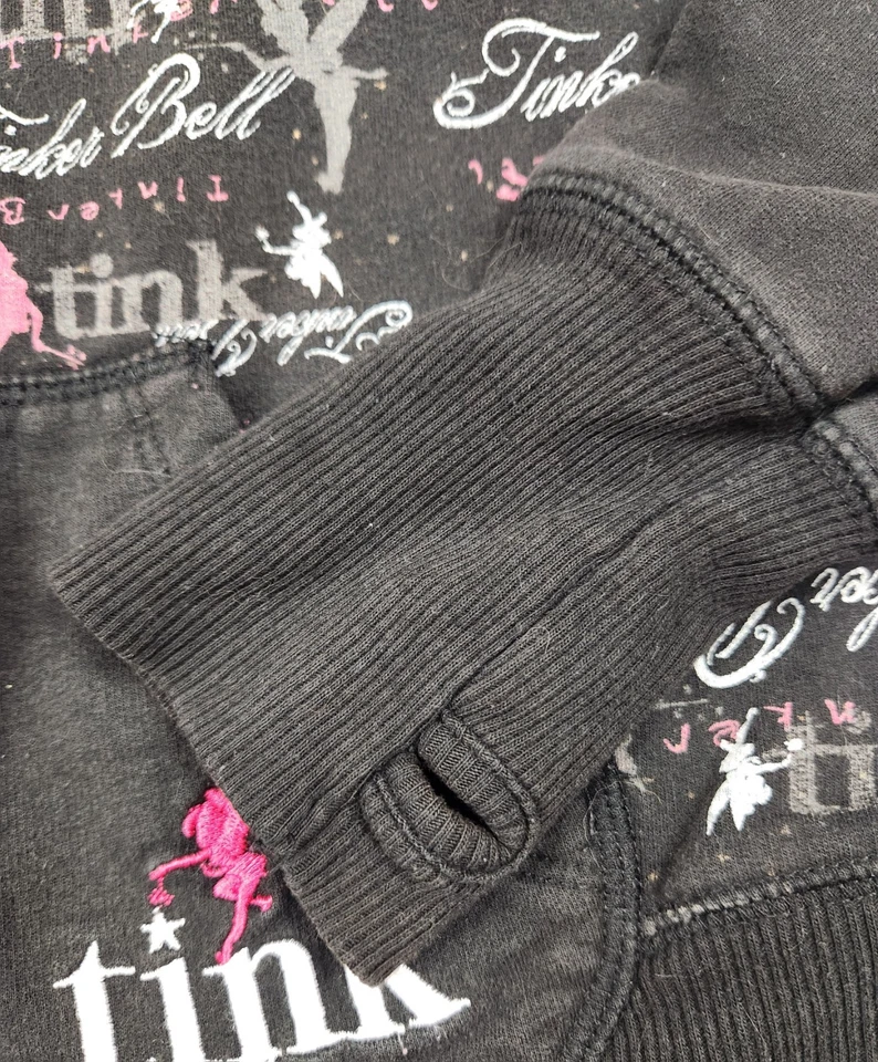 Y2K Disney Tinker Bell Zip Up Hoodie Juniors M Black Fairy Emo Skater Scene - Image 2 of 4