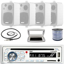 Pyle 1-DIN Bluetooth Marine CD Radio, 4x 4" 3-Way In Door/Out Door Box Speakers