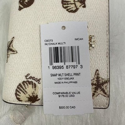 Coach Snap Wallet With Shell Print In Canvas/Gold/Chalk CBO73 NWT
