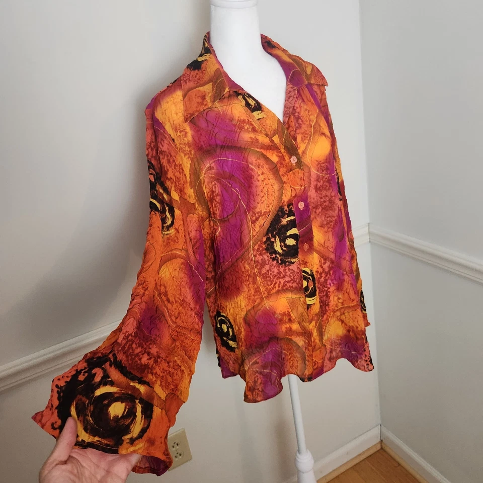 Camisa Milano Mujer 1X Mujer Abotonada Boho Texturizada Naranja Rosa Arte Para Usar Top Foto 4 de 4