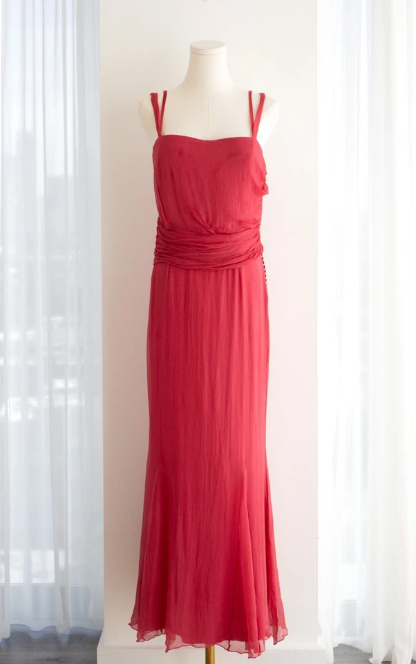 Vestido Christian Dior Por John Galliano Años 2000 Sandía Rosa Acanalado Seda Foto 2 de 4