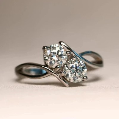 2Ct Round Lab Created Diamond 14K White Gold Plated Two Stone Engagement Ring