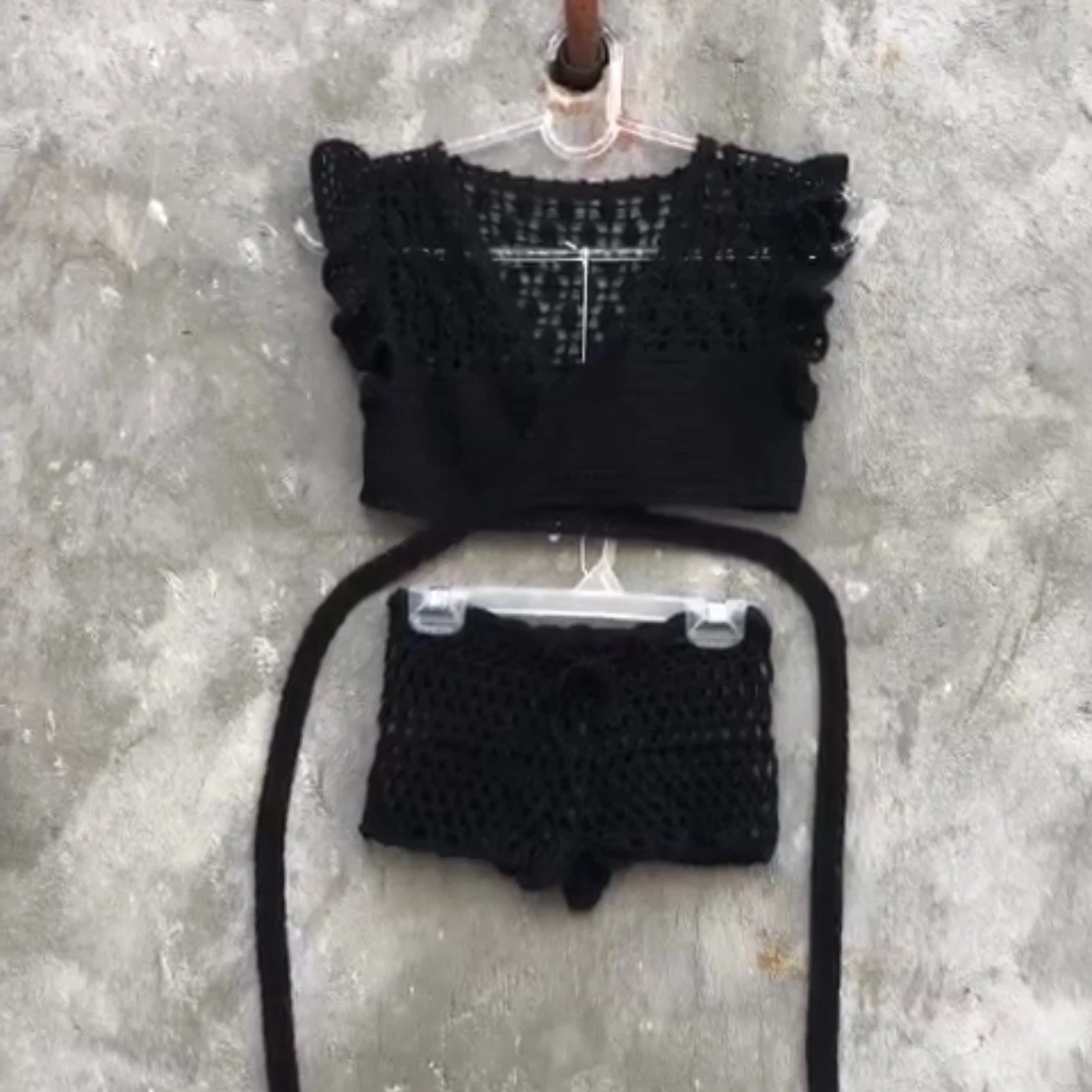 Handmade Crochet Wrap Top & Shorts Set Black Boho Festival Beachwear Two Piece
