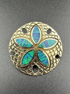 14k Gelbgold Sand Dollar Blau Opal Inlay Tropisch Anhänger Charm