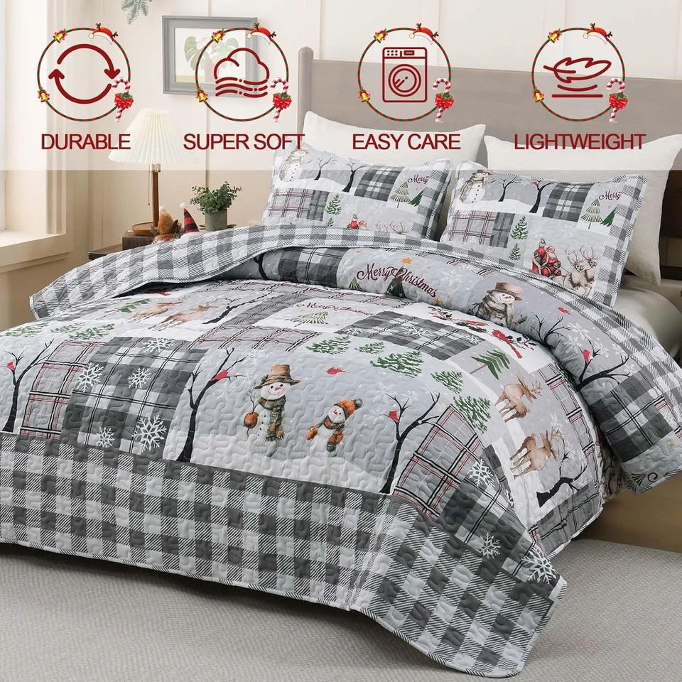 Christmas Quilt Set Queen 3 Pieces - Rustic Patchwork Quilt Bedding Set Reversib - Image 2 of 4
