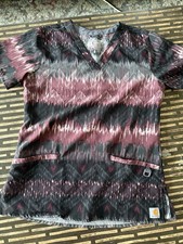 Carhartt Force Womens XS Scrub Top Modern Fit Burgundy Black Print V Neck